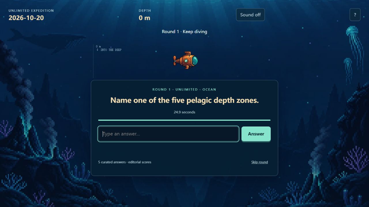 Krillion unlimited mode: ocean trivia question with a timed answer field